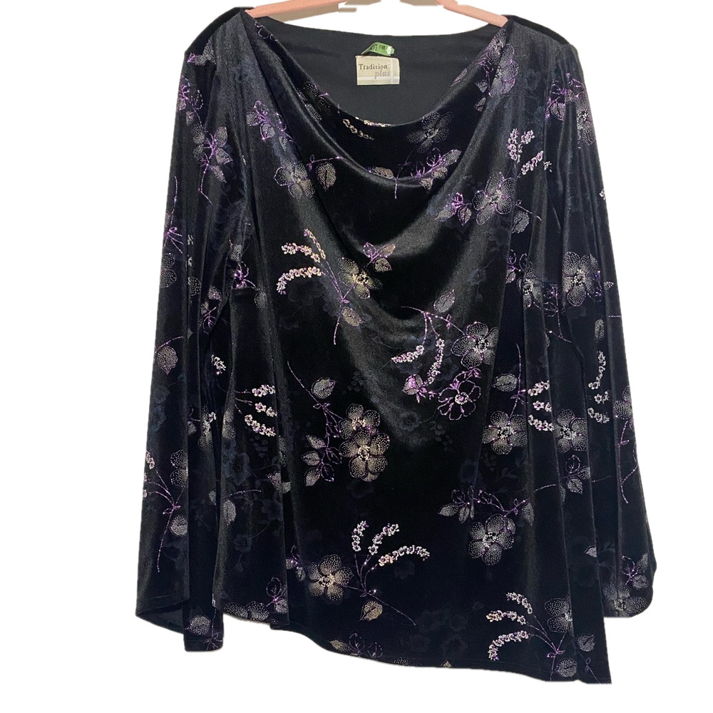 Tradition Plus asymmetrical black  purple long sleeves fairy velvet floral top